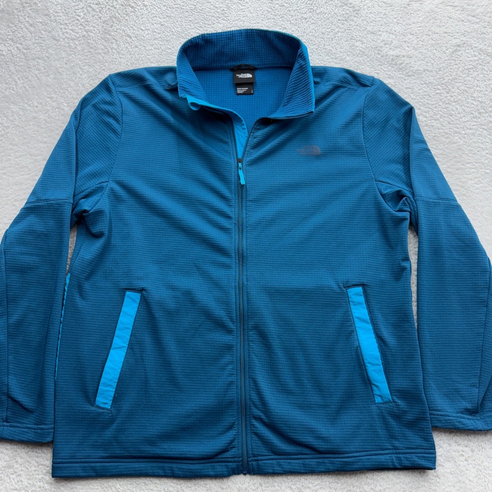 The North Face Mens Large Blue Grid Fleece Full Zip Jacket Mock Neck Hiking L